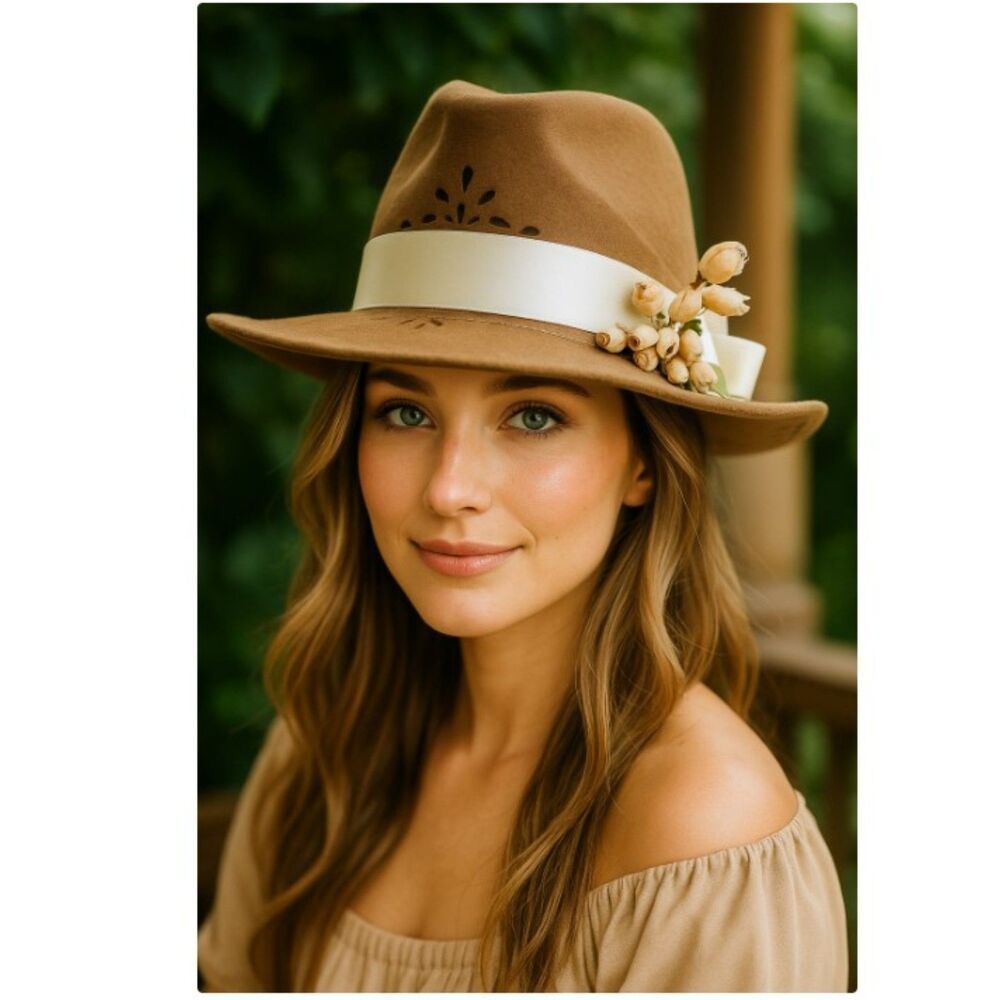 Vtg Brown Wool Nancy Hughes Hat Co Hat Satin Ribbon Bow Roses Lazer Cut 6 3/4
